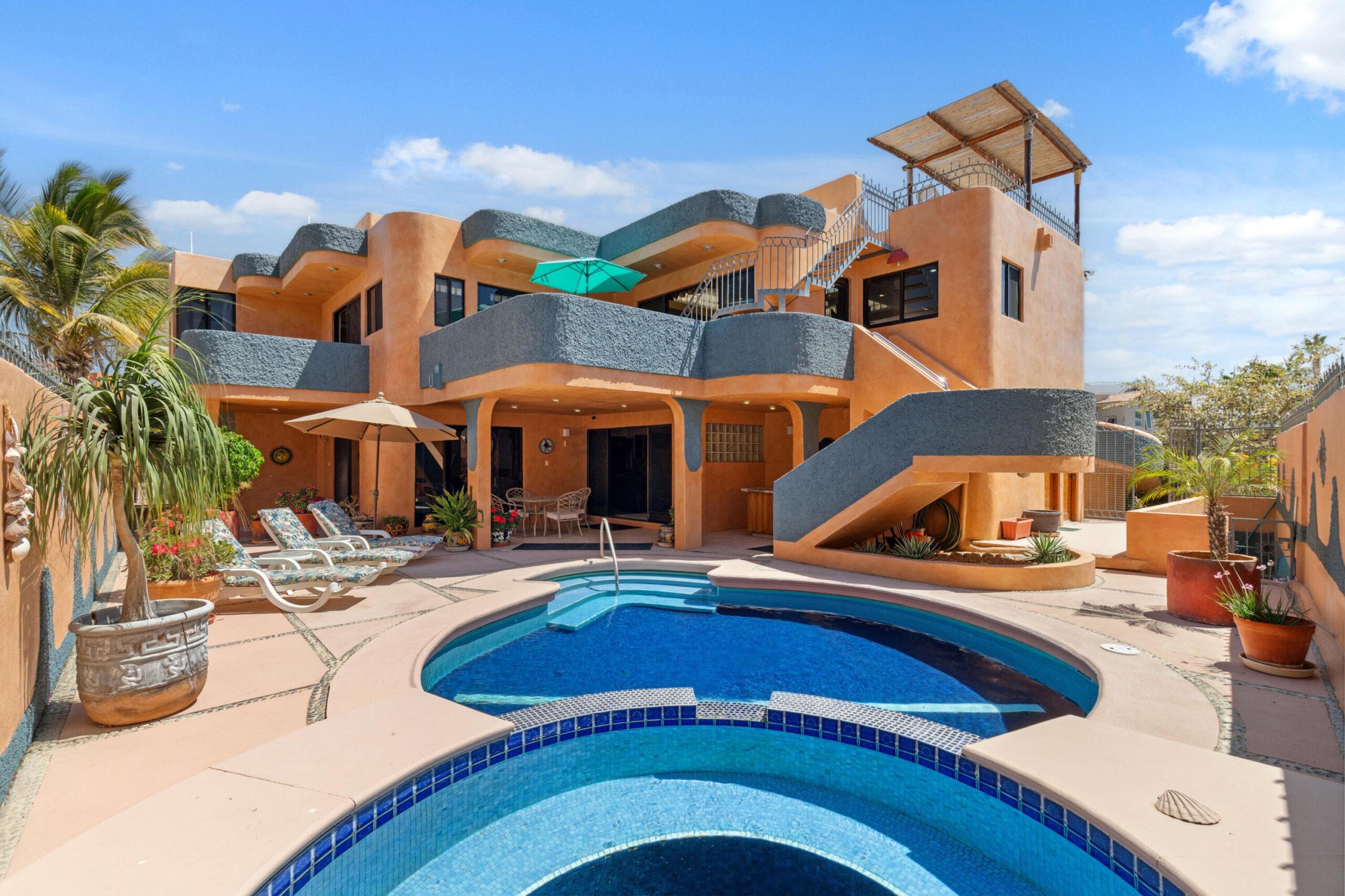 Los Cabos Cabo Bello Casa Blue Fin is a rare DUPLEX investment opportunity in the desirable oceanside community of Cabo Bello. This versatile 4-bedroom, 4-bathroom home offers incredible potential for rental income, full-time or multi-generational living, or both. Each level features 2-bedrooms and 2-bathrooms with private entrances in front and back, making it ideal for generating revenue while maintaining personal privacy or hosting extended family and guests.Enjoy beautiful for sale