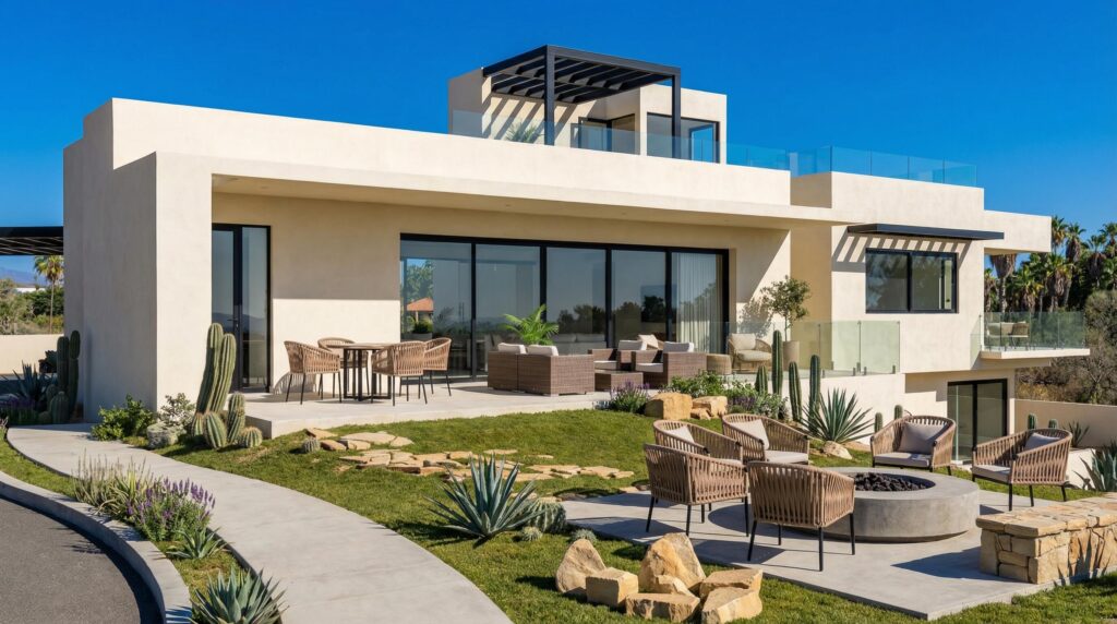 Los Cabos Cumbre Del Tezal Luxury finishes include marble flooring, wood kitchen with granite countertops, built-in wooden closets in all bedrooms, and vanities with tempered glass shower doors in all 3.5 baths. Fully equipped with 5 Gree inverter mini-split A/C units (3 × 1-ton, 2 × 2-ton), LG 22' French Door refrigerator, Whirlpool gas stove, and 1.7 cu ft microwave hood. Additional features: rooftop with bar, grill & sink, private terrace, storage, WiFi smart lock, private 5,000-liter cistern, and termite prevention system. Community: pool, gym, sports courts, kids' area, 3 clubhouses & 24/7 gated security – Casa 4, Pacific, BS