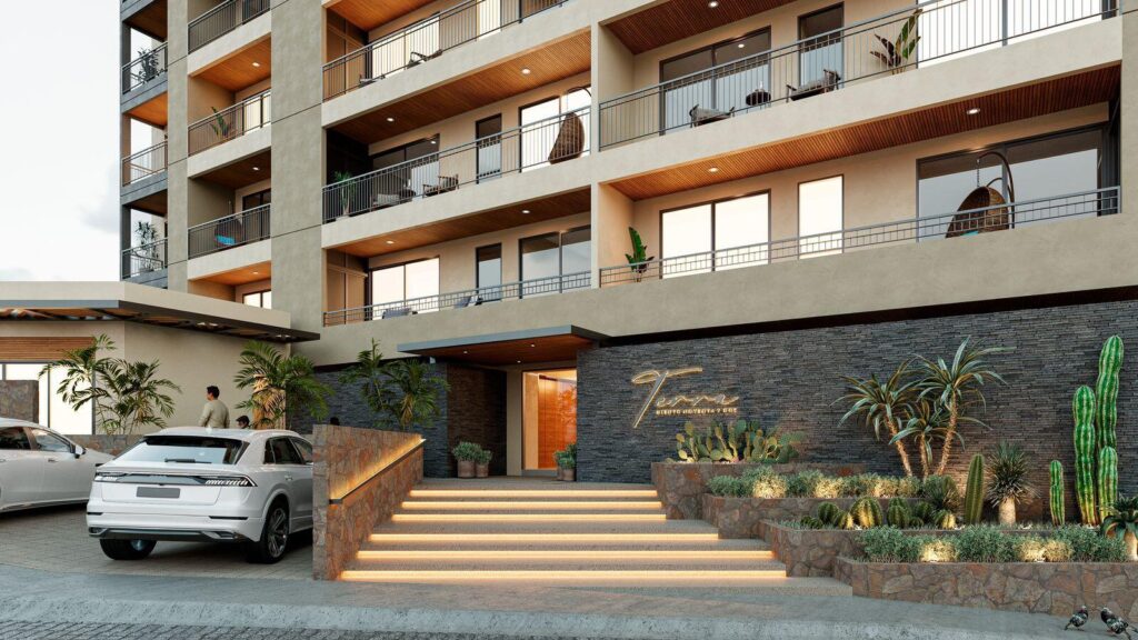 Los Cabos Terra 192 Latest Project 300 mts from Downtown Cabo San LucasTerra192, 48 Condos in 6 Story Building with Amenities!StudiosStudio + Flex1 Br+ Flex2 br- 2 bath2 br + FlexFull Rooftop with Amenities, gym, Swimming pool, grill, etc.Ideal for vacation rental ProgramThis Complex will be operating as a Boutique Hotel Service#107 is Ground floor Unit 2 Bedrooms, 2 bath plus Huge Patio for sale