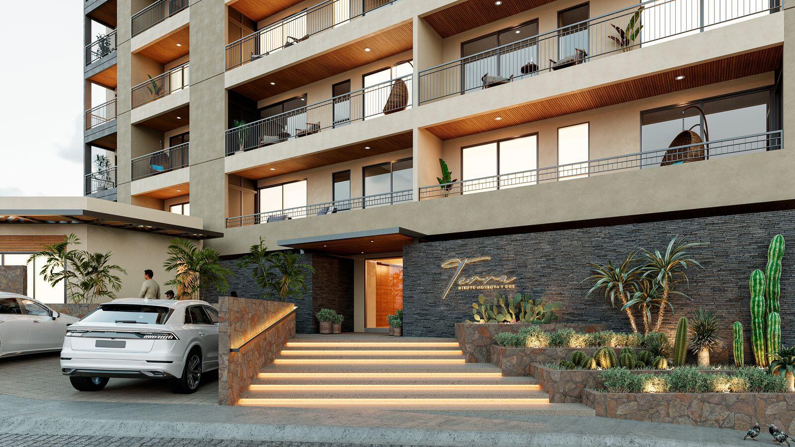 Los Cabos Terra 192 Latest Project 300 mts from Downtown Cabo San LucasTerra192, 48 Condos in 6 Story Building with Amenities!StudiosStudio + Flex1 Br+ Flex2 br- 2 bath2 br + FlexFull Rooftop with Amenities, gym, Swimming pool, grill, etc.Ideal for vacation rental ProgramThis Complex will be operating as a Boutique Hotel Service#107 is Ground floor Unit 2 Bedrooms, 2 bath plus Huge Patio for sale