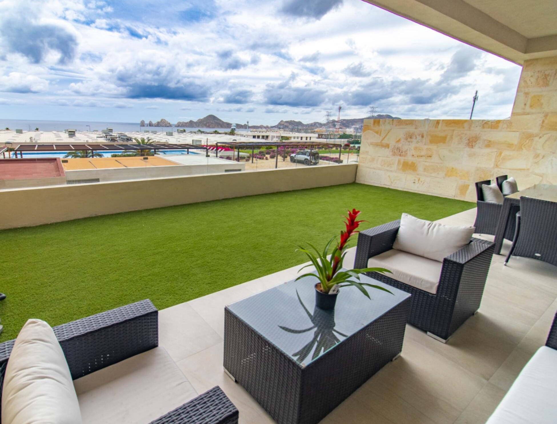 Los Cabos Vista Vella Ii Ready to move in, turn-key first floor Pent Garden condo in Vista Vella II featuring 3 beds, 3½ baths with a designer furniture package from the developer. Resort-style living with 4 pools including a 40 m lap pool, gym, clubhouse, BBQ areas, tennis & pickleball courts. Each building has a diesel generator for full power during outages and the community has its own water recycling plant for landscape irrigation. Excellent location within walking distance to Costco, Plaza Nova, a 24-hour Soriana grocery store and gym, and only 10 minutes to the main beach and downtown. Nightly and monthly rentals allowed and pet friendly. Oversized terrace ready for a jacuzzi, plunge pool, outdoor kitchen or fire pit for sale
